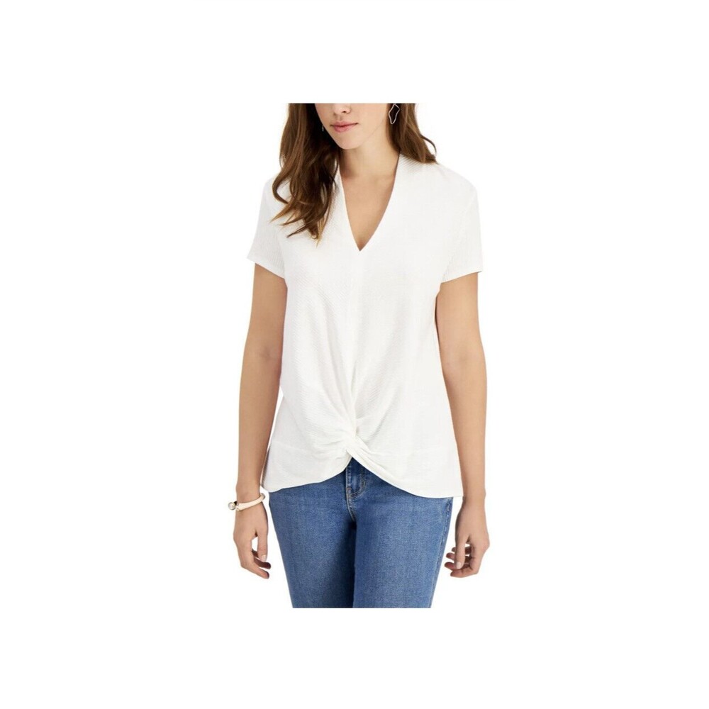 WILLOW DRIVE Womens White Ribbed Twist Front Short Sleeve V Neck Top M